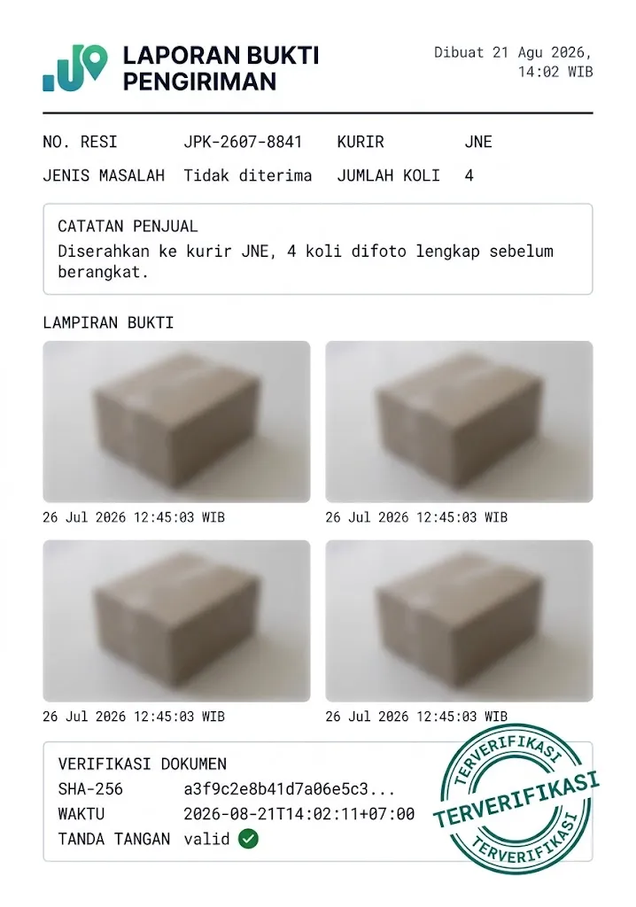 Halaman pertama PDF laporan bukti pengiriman: nomor resi, kurir, jenis masalah, catatan penjual, empat foto koli bertimestamp, dan blok verifikasi berisi hash SHA-256, waktu, dan status tanda tangan digital.