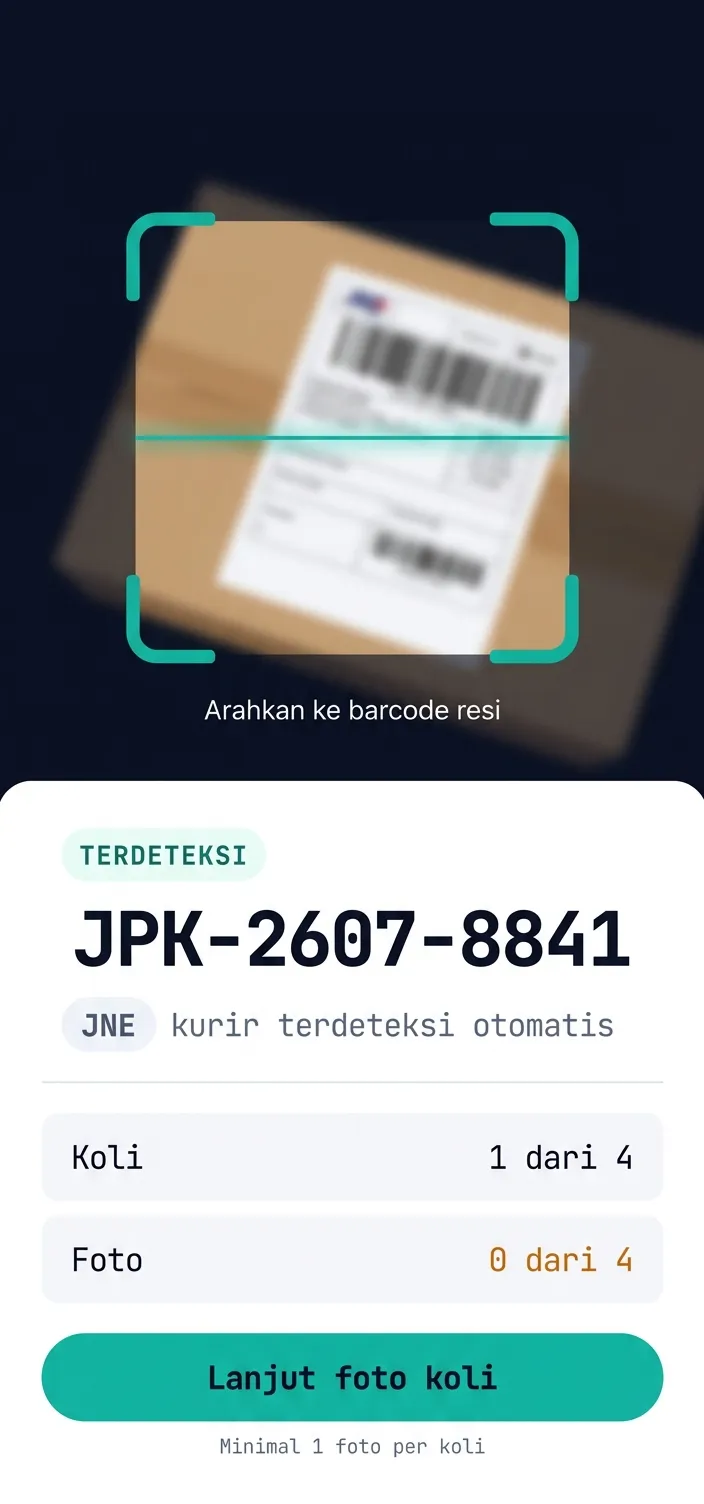 Layar scan resi: kamera diarahkan ke barcode label, resi JPK-2607-8841 terdeteksi dengan kurir JNE otomatis, dan baris hitungan menunjukkan Koli 1 dari 4 serta Foto 0 dari 4.