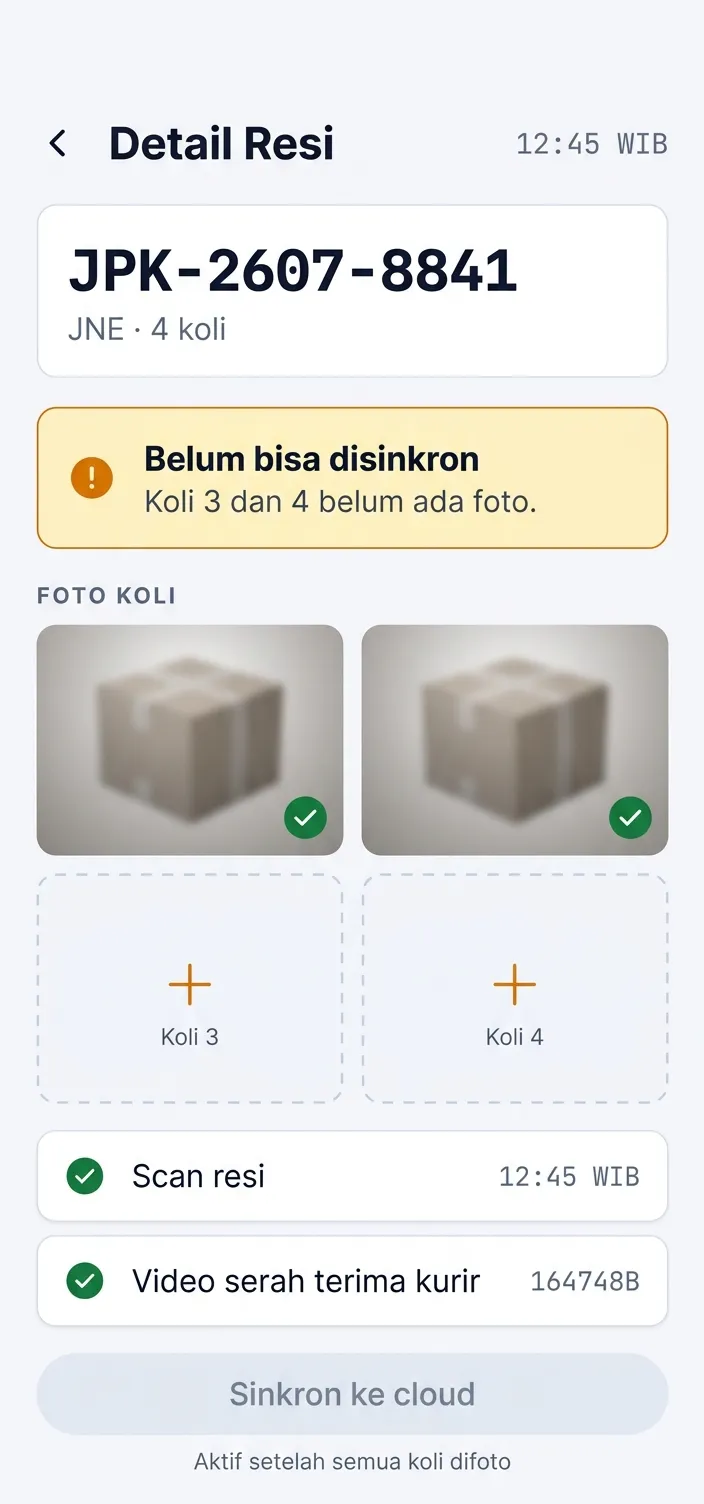 Layar detail resi dengan banner kuning "Belum bisa disinkron — Koli 3 dan 4 belum ada foto", dua kotak foto terisi bertanda centang, dua kotak kosong, dan tombol Sinkron ke cloud dalam keadaan tidak aktif.