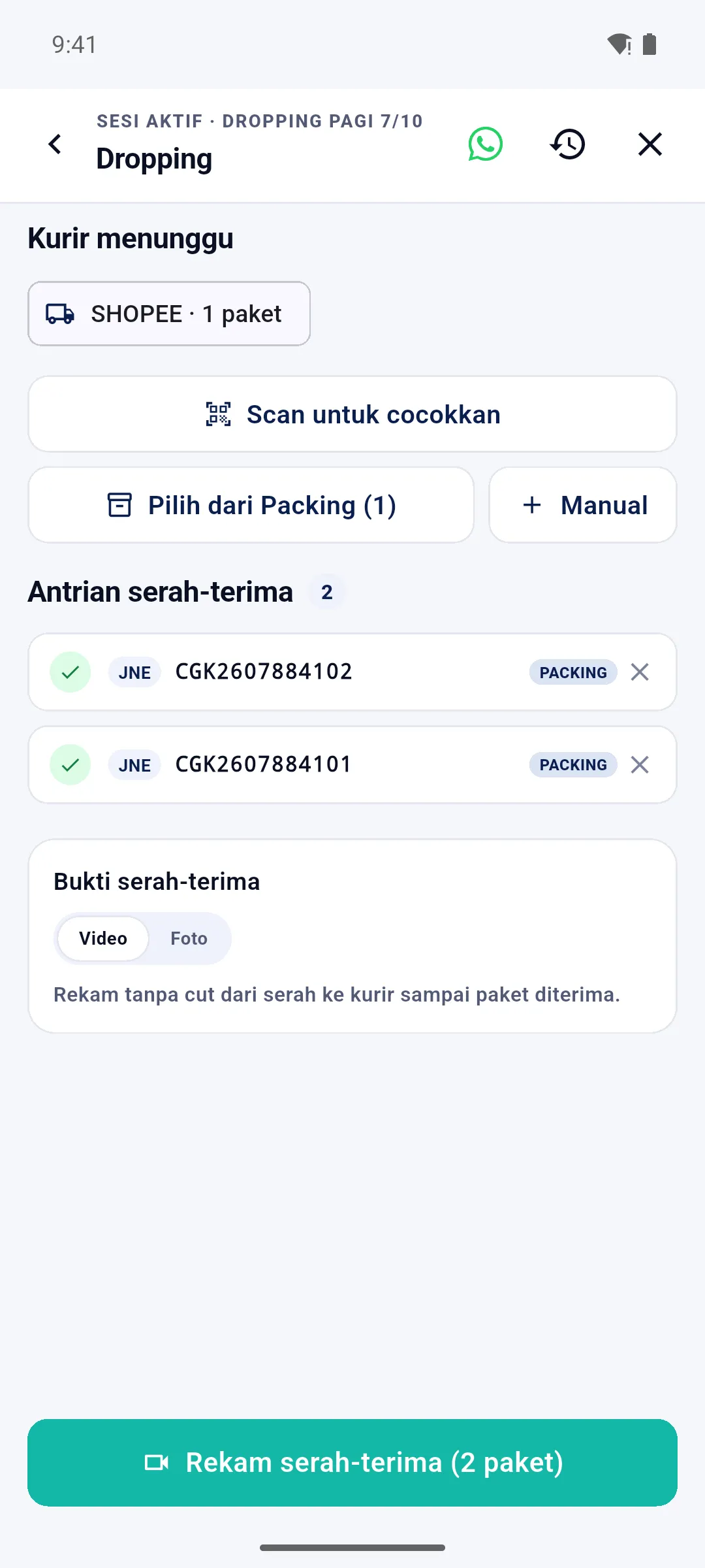 Layar dropping: dua resi JNE siap diserahkan ke kurir, bukti serah-terima diset ke video, dengan tombol Rekam serah-terima.